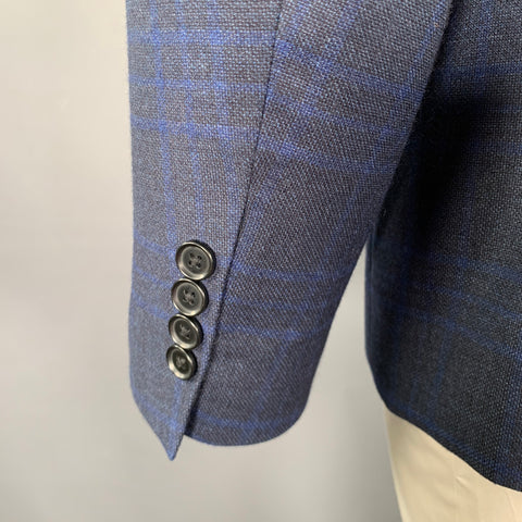 BARNEY'S NEW YORK Size 42 Black Navy Plaid Wool Silk Sport Coat