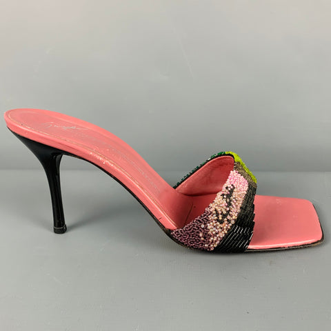 GIUSEPPE ZANOTTI Talla 7.5 Sandalias de punta cuadrada con cuentas de cuero multicolor rosa