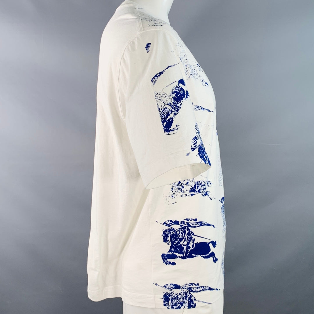 BURBERRY Size L White Blue Logo Print Cotton Blend Short Sleeve T-shirt