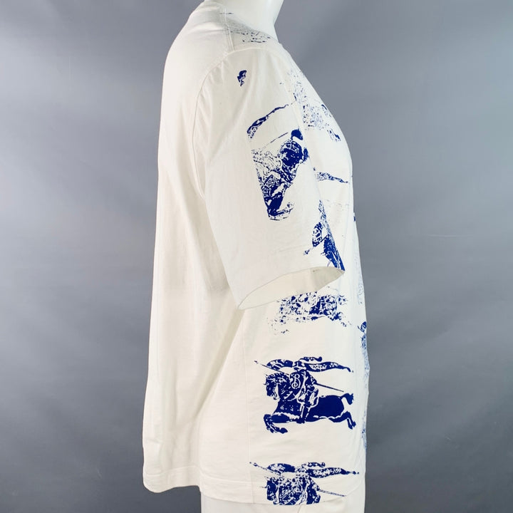 BURBERRY Size L White Blue Logo Print Cotton Blend Short Sleeve T-shirt