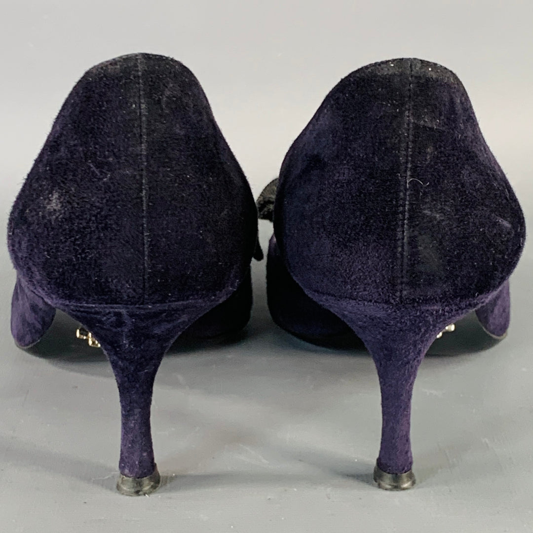 PRADA Size 11 Navy Suede Bow Pointed Toe Kitten Heel Pumps