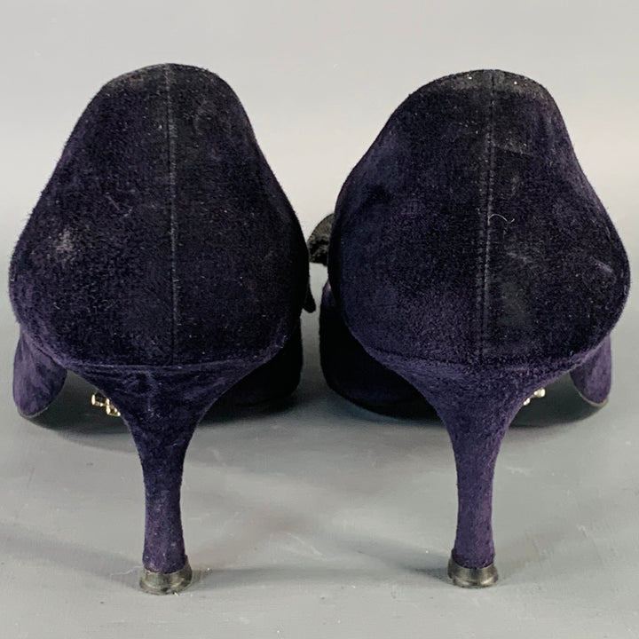 PRADA Size 11 Navy Suede Bow Pointed Toe Kitten Heel Pumps