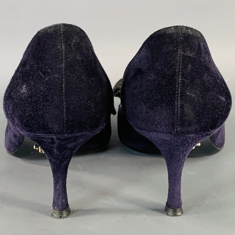 PRADA Size 11 Navy Suede Bow Pointed Toe Kitten Heel Pumps