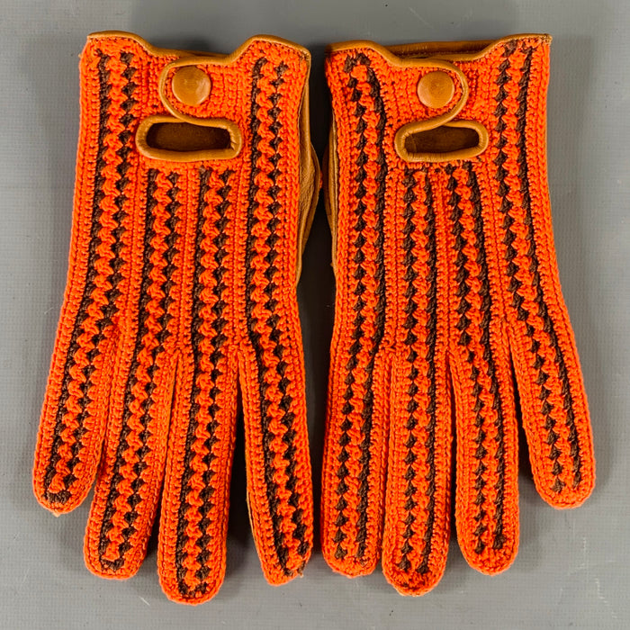 PRADA Size 7 Red Brown Crochet Leather Gloves