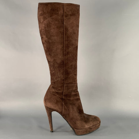 BARNEY'S CO-OP Size 9 Brown Suede Calf High Platform Stiletto Boots