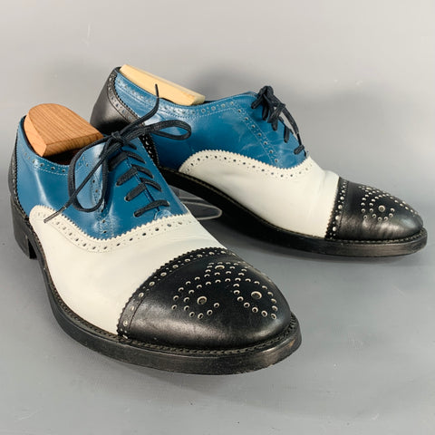ROBERT CLERGERIE Size 9 Black White Blue Leather Perforated Spectator Lace-Up Shoes