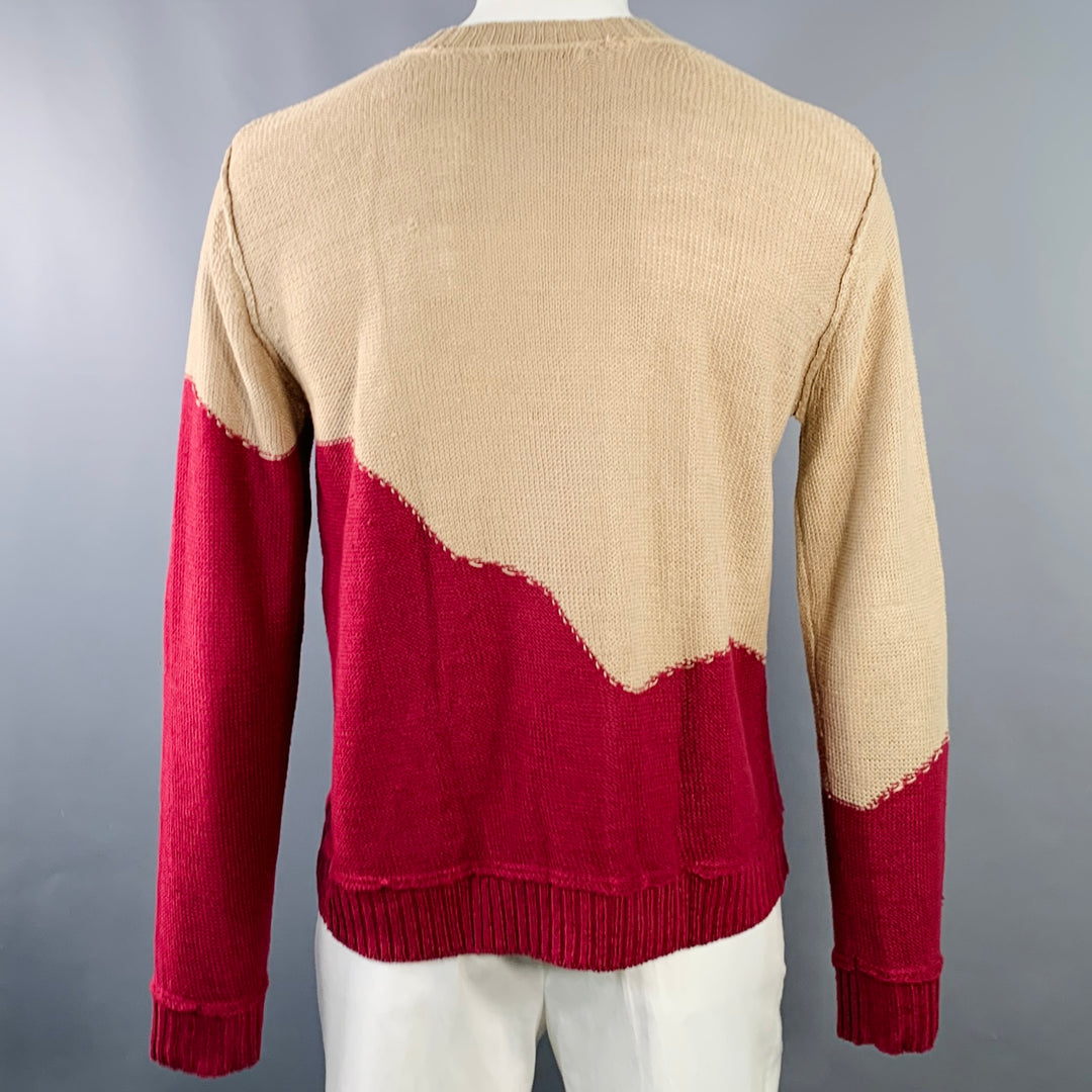 RODARTE for OPENING CEREMONY Size L Beige Red Knit Linen V-Neck Sweater
