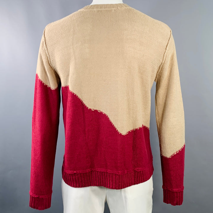RODARTE for OPENING CEREMONY Size L Beige Red Knit Linen V-Neck Sweater
