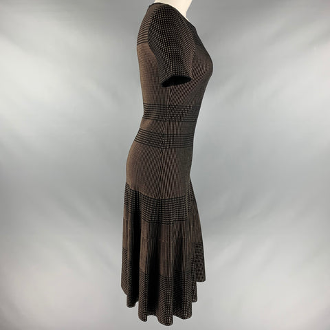 ST. JOHN Size 4 Black Beige Rayon Blend Nailhead Short Sleeve Mid-Calf Dress