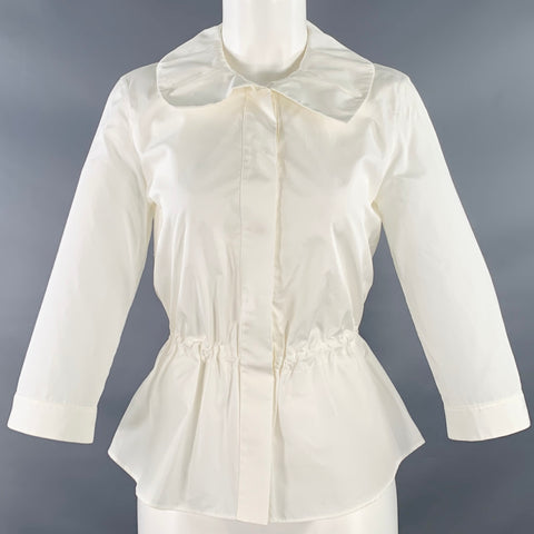 AKRIS Size 6 White Cotton Drawstring Waist 3/4 Sleeves Hidden Buttons Blouse