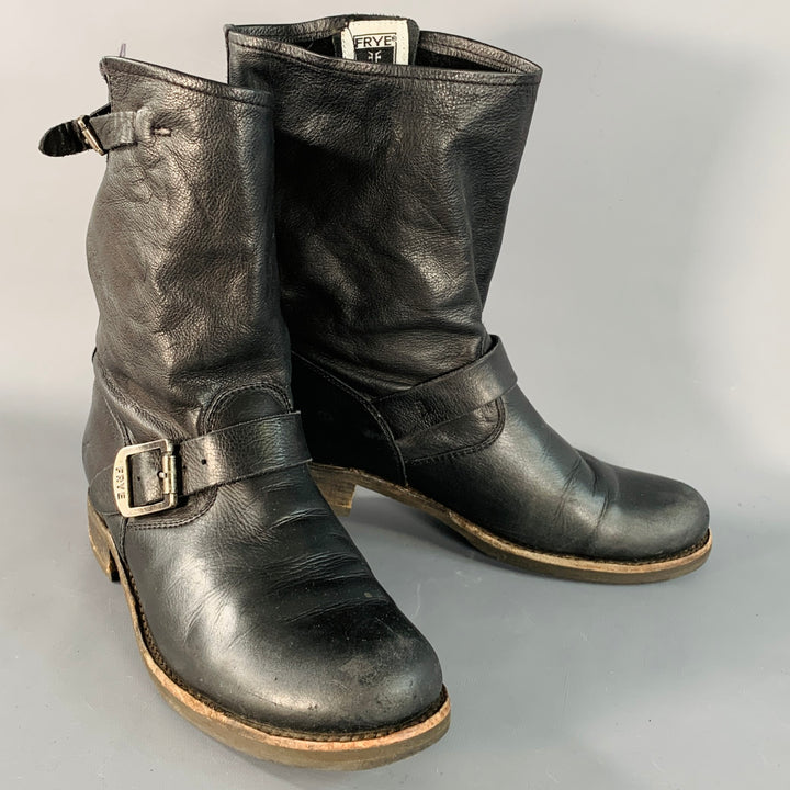 FRYE Size 10 Black Leather Calf High Pull On Belted Boots