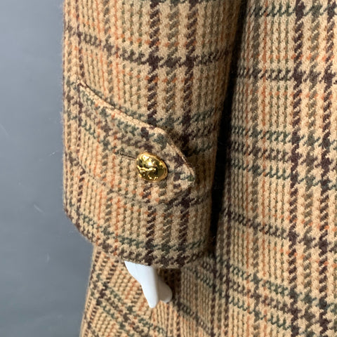 CELINE Taille 6 Manteau à manches raglan à carreaux en mélange de laine kaki marron olive