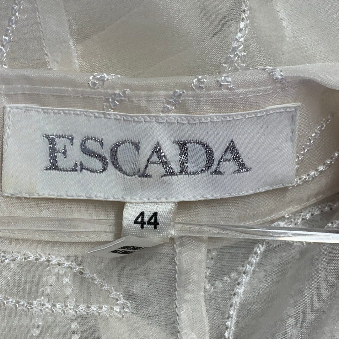 ESCADA Size XL Off White Silk Sheer Embroidered Ruffled Button Up Shirt