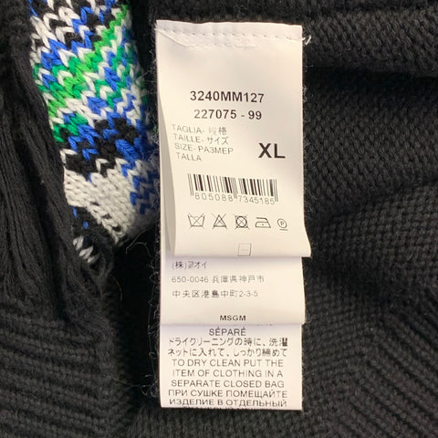 MSGM Size XL Black Green White Fish Distressed Cotton Crew Neck Sweater