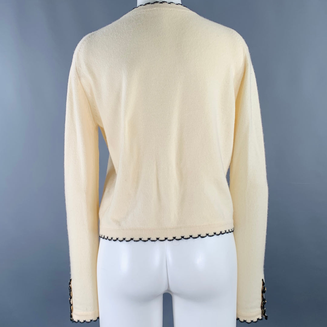 CHANEL Size M Cream Black Contrast Scallop Trim Cardigan