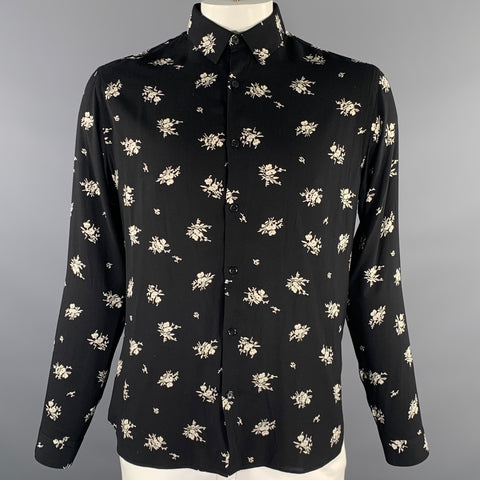 THE KOOPLES Size L Black White Floral Viscose Long Sleeve Shirt