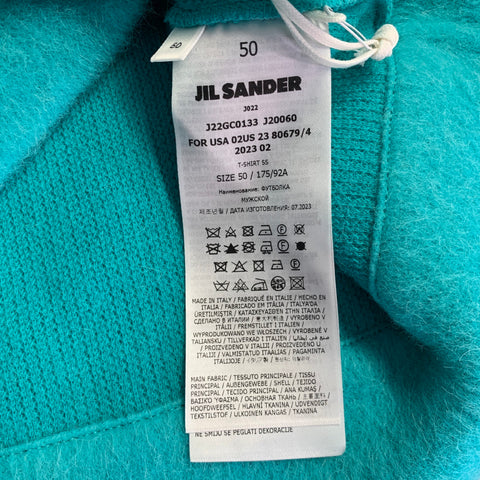 JIL SANDER FW23 Size M Turquoise Knit Brushed Alpaca Wool Jersey Short Sleeve Pullover
