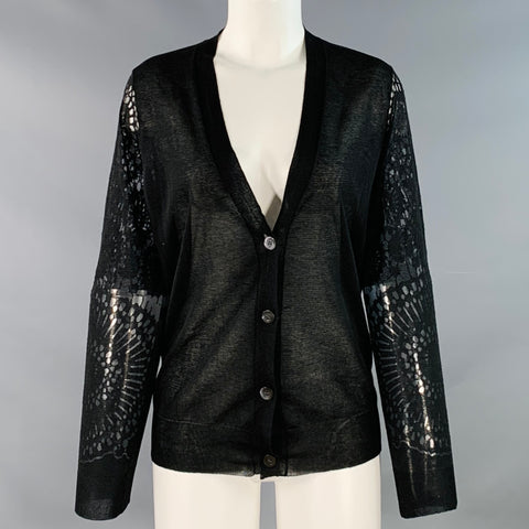 DRIES VAN NOTEN Size M Black Viscose Blend Circles Lace V-Neck Cardigan