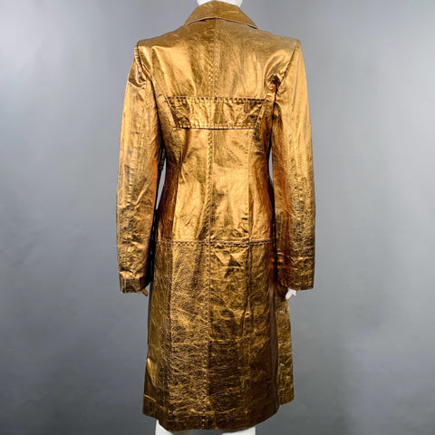 JUST CAVALLI Size 4 Gold Metallic Leather Distressed Long Coat