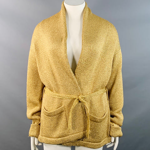 RALPH LAUREN Size L Gold Metallic Knit Belted Cardigan