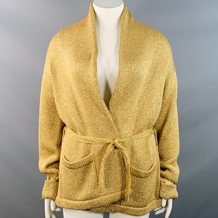 RALPH LAUREN Size L Gold Metallic Knit Belted Cardigan