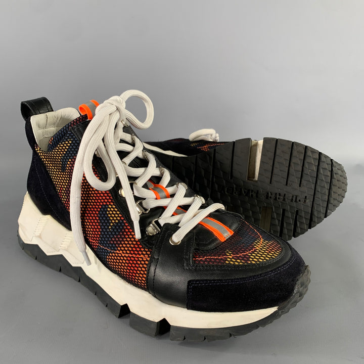 PIERRE HARDY Size 13 Black White Orange Mesh Canvas Runner Sneakers