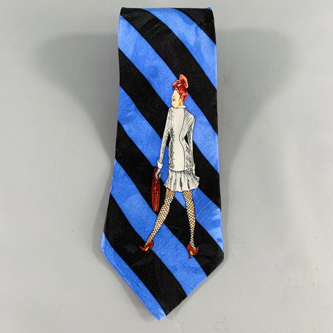 NICOLE MILLER Black Blue Diagonal Stripe Pinup Girl Silk Tie