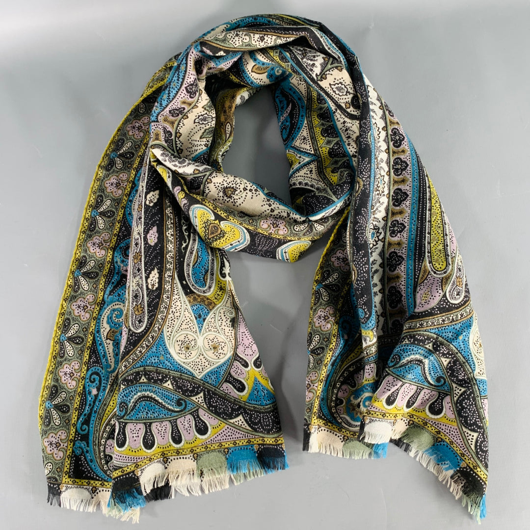 ETRO Multi Color Paisley Silk Wool Fringe Scarf