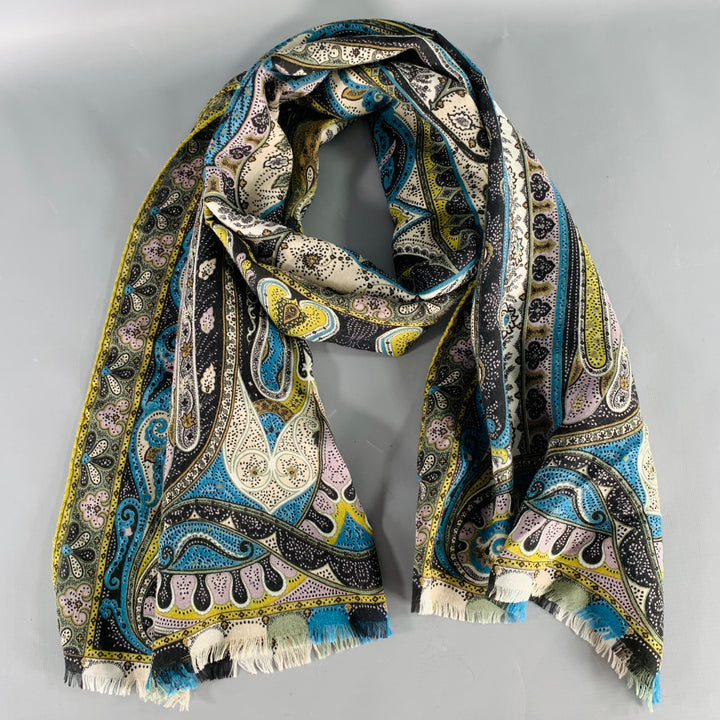 ETRO Multi Color Paisley Silk Wool Fringe Scarf