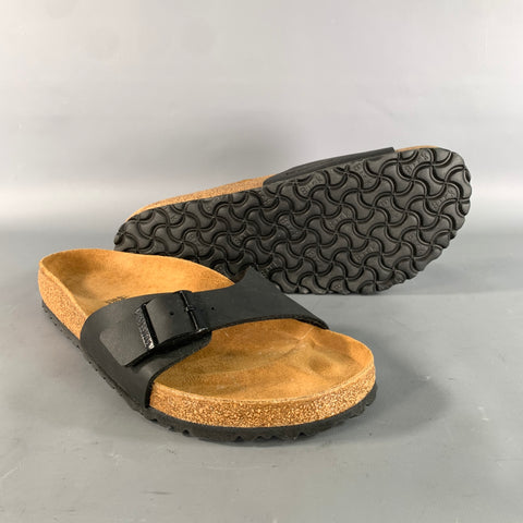 BIRKENSTOCK Size 11 Black Tan Solid Leather Slide Sandals