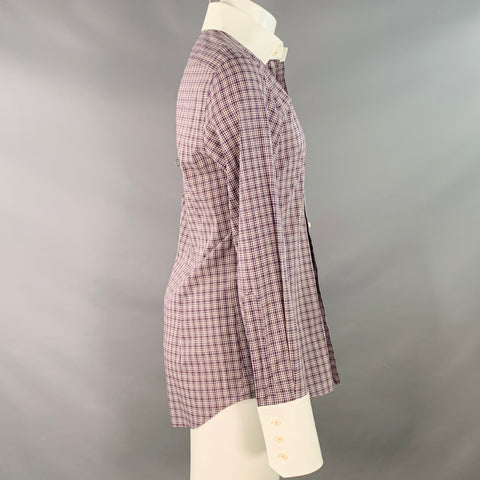 DSQUARED2 Size 40 White Navy Brown Plaid Cotton Contrast Trim Long Sleeve Shirt