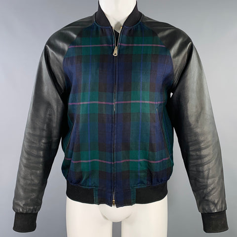 PAUL SMITH Size M Black Green Blue Plaid Leather Trim Bomber Jacket