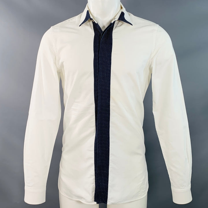 PAUL SMITH Size M White Navy Cotton Contrast Trim Long Sleeve Shirt