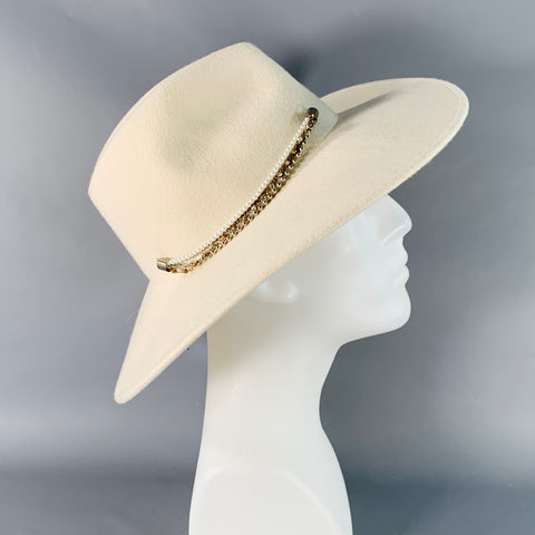 EUGENIA KIM One Size White Wool Felt Wide Brim Chain Trim Fedora Hat