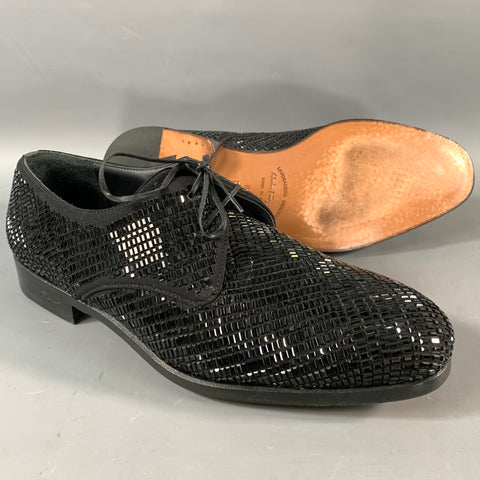 SALVATORE FERRAGAMO Size 10.5 Black Sequined Leather Lace Up Shoes