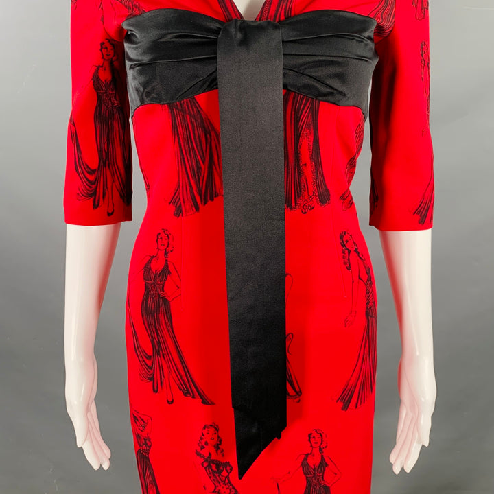 MOSCHINO Size 6 Red Black Viscose Blend Figures Bow Cocktail Dress