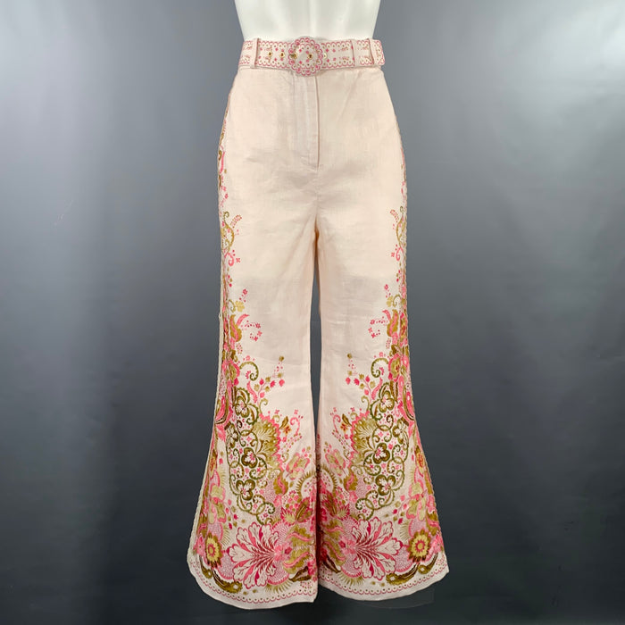 ZIMMERMANN Taille S Rose Olive Lin Brodé Pantalon Taille Haute
