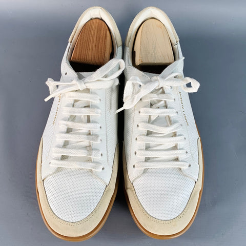SAINT LAURENT Size 9 White Beige Perforated Leather Sneakers