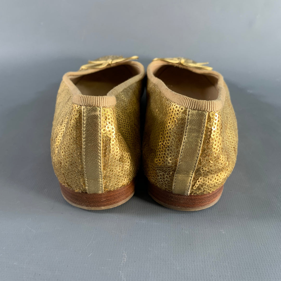 CHANEL Size 10 Gold Sequined Ballet Flats