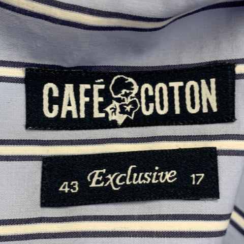 Chemise manches longues CAFE COTON en coton à rayures bleues marine et blanches, taille L, poignets mousquetaires
