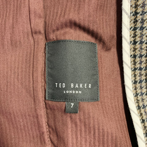 TED BAKER Size XXXL Brown Navy Plaid Wool Blend Belted Coat