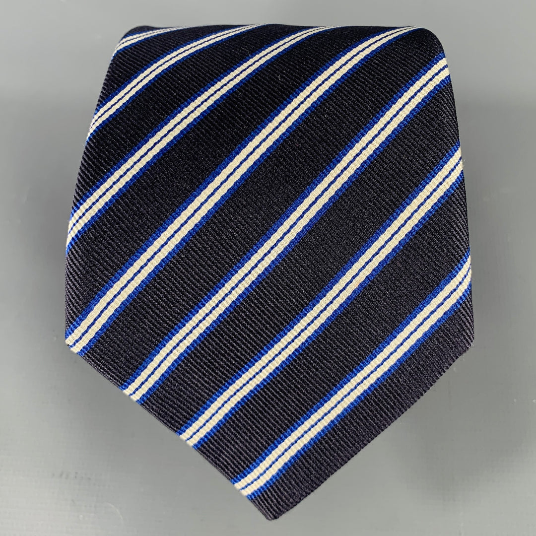 VALENTINO Navy White Diagonal Stripe Silk Twill Tie