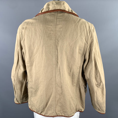 KAPITAL Size XL Khaki Cotton Hemp Leather Trim Notch Lapel Jacket