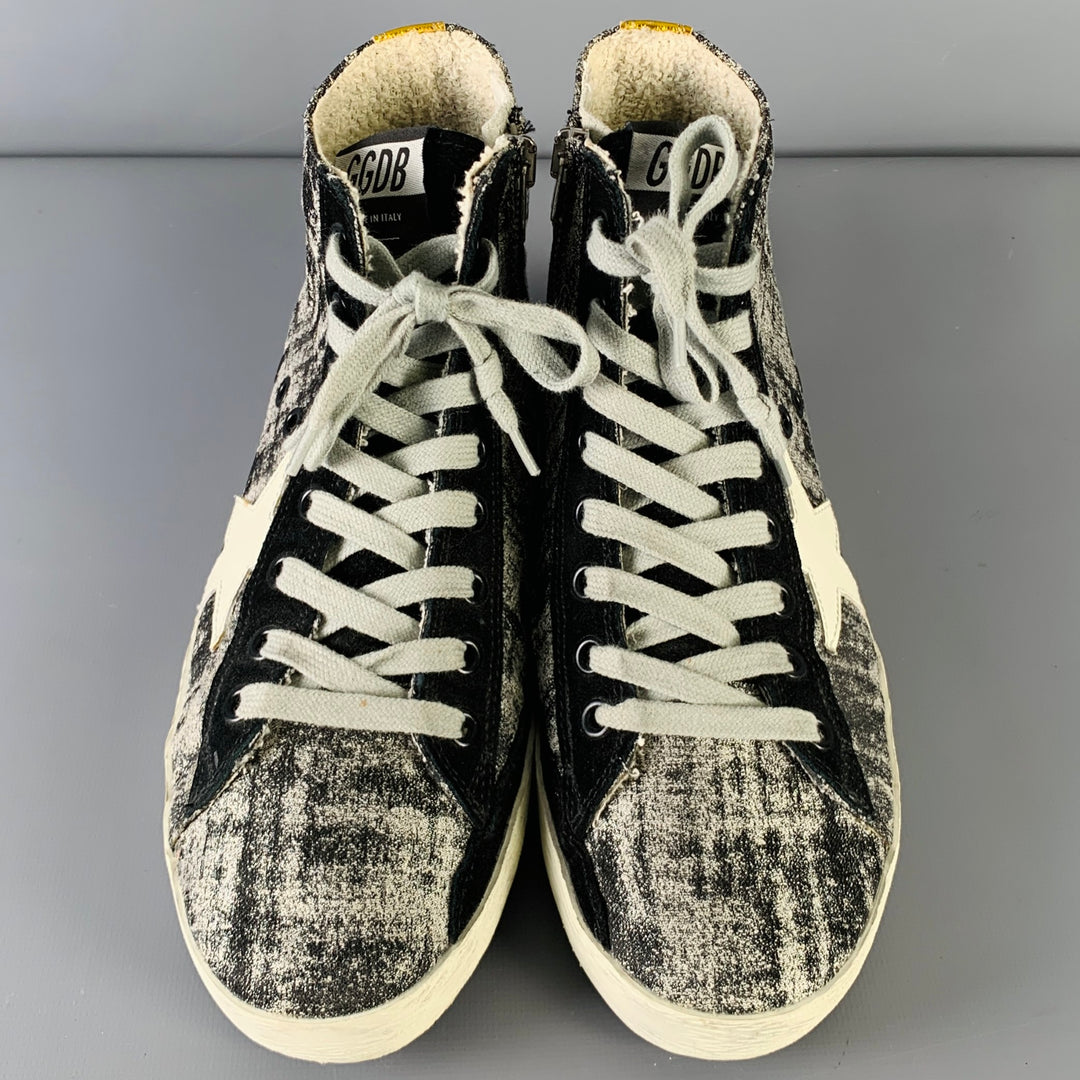 GOLDEN GOOSE Size 8 Black Silver Canvas Marbled High Top Sneakers