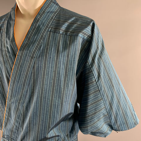Size L Blue Orange Stripe Polyester Blend Shawl Collar Shirt