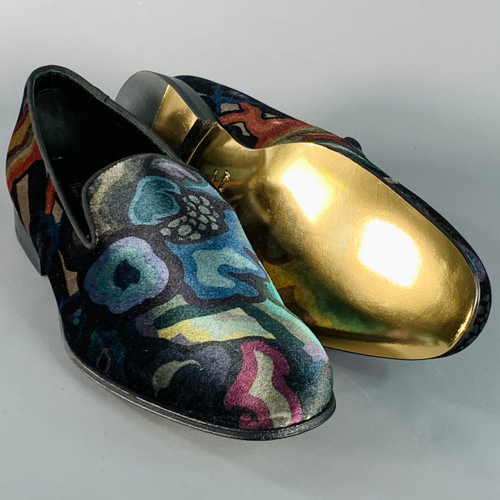 PAUL SMITH Size 8 Black Multi Color Abstract Print Velvet Slip On Loafers