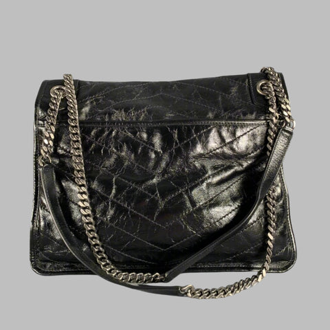 SAINT LAURENT Black Silver Chevron Leather Shoulder Bag Handbag