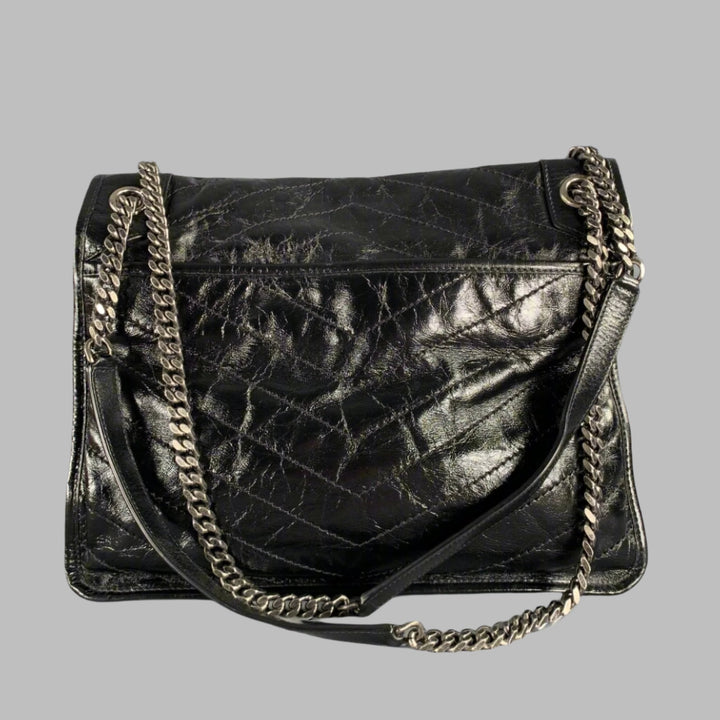 SAINT LAURENT Black Silver Chevron Leather Shoulder Bag Handbag