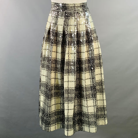 TANNER FLETCHER Size 2 Cream Black Polyester Plaid Pleated A-Line Skirt