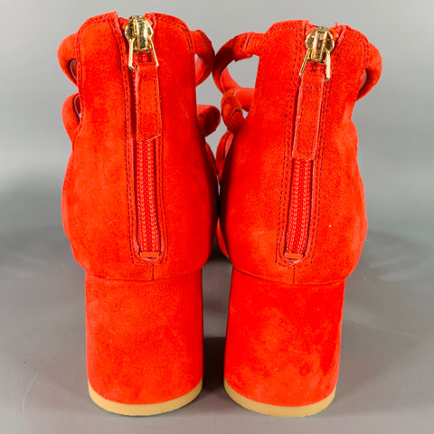 SANDRO Size 10 Tessa Red Suede Caged Chunky Heel Sandals